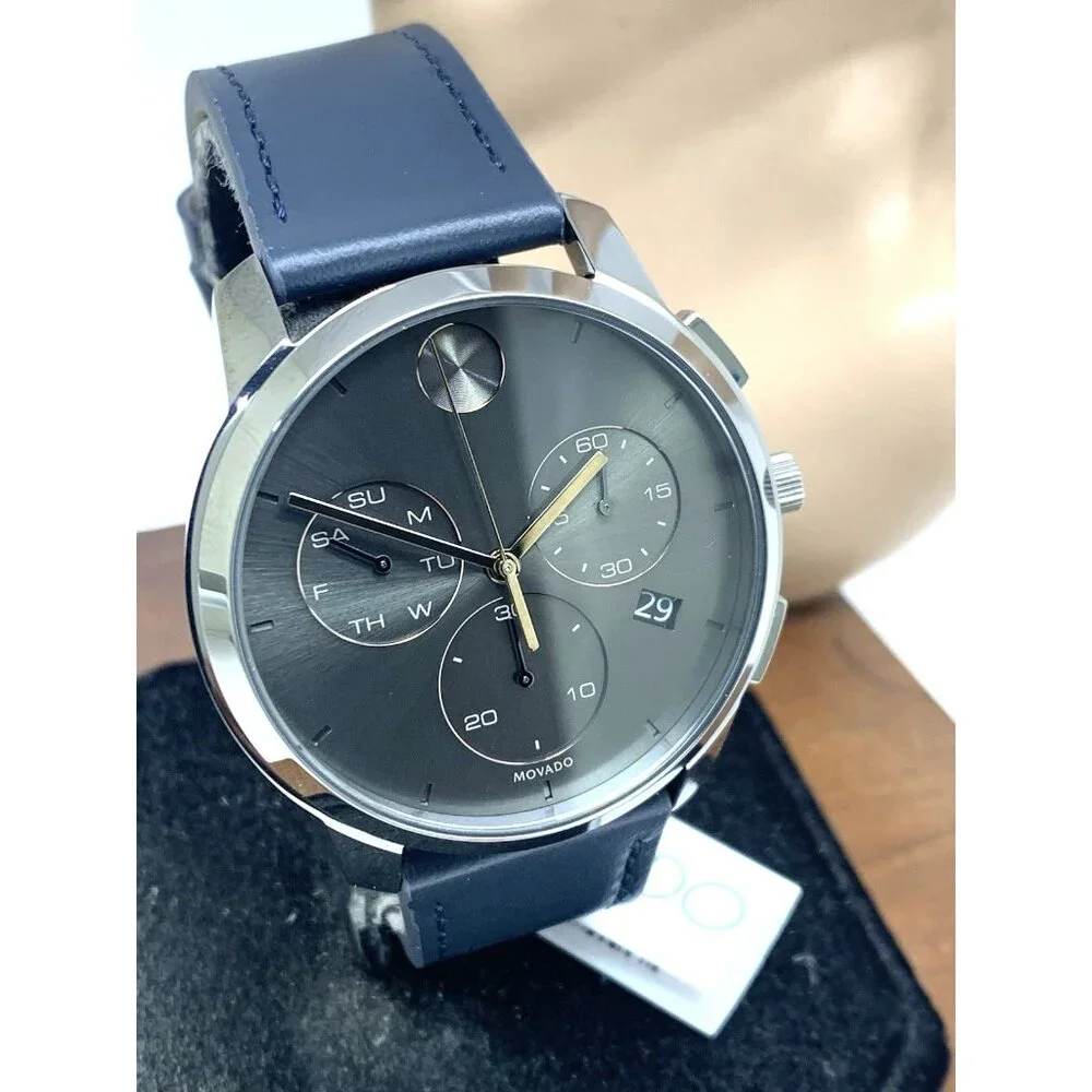 Movado Men's Watch 3600720 Swiss Quartz Chronograph Gray Dial Leather Band 42mm